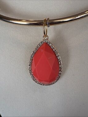 Gold Teardrop Pendant Necklace with Coral Red Faceted Stone